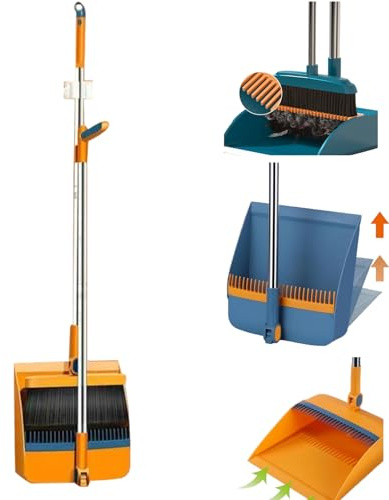 Long Handled Dustpan And Brush Sets, Long Handle Foldable Sweeper Set,Windproof Vertical Extension Pole, Swivelling Broom Set, for Cleaning Indoor, Garden, Home, Kitchen or Office Floors (Orange)