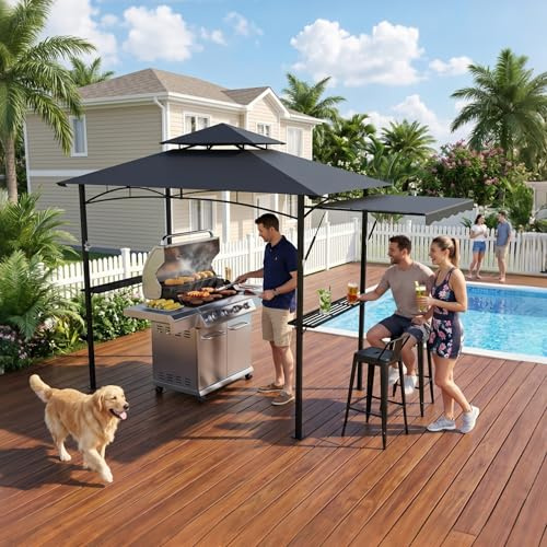 PEILU BBQ Grillpavillon Freistehend Grillüberdachung mit Sonnenschutz Doppeldach, 2X Seitenregale & Ausziehbare Markise, Wetterfeste Gartenlauben für Garten & Außengrill Party (Dunkelgrau)