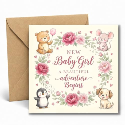 Edition Seidel Premium biglietto d'auguri quadrato per la nascita con busta. Biglietto messaggio in inglese Hello Benvenuto Baby Girl animale fiori (EQ186 SW026)