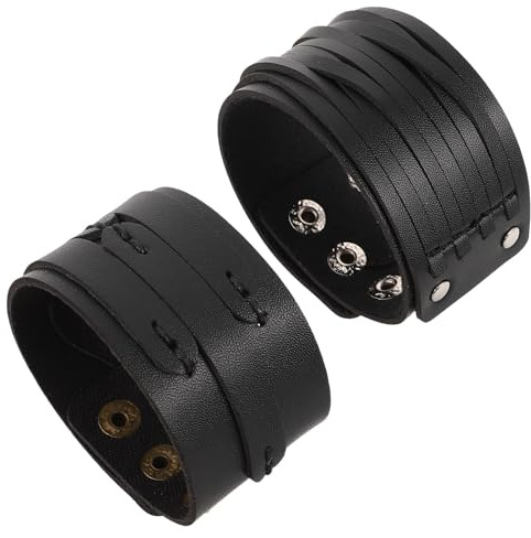 Healeved Pulseras Punk para Hombre de Pu Negras con Tachuelas, 2 Piezas