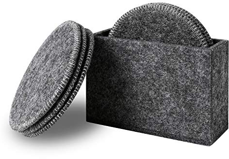 Qyoubi Drink Coasters Set of 6 with Holder - Dark Gray Round Water Absorption Felt Mat, Prevent Furniture from Dirty and Scratched, Suitable for Kinds of Mugs and Cups, 3.94 Inches Diameter