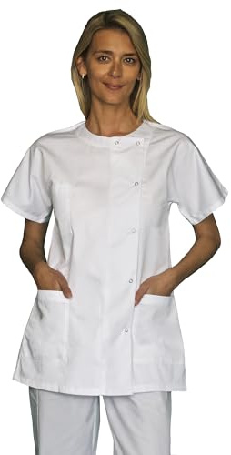 SNV Blouse médicale Femme en Coton Blanc avec Encolure Arrondie Tunique Blanche Manches Courtes avec 3 Poches (Dont 1 Poitrine) Pressions INOX Lavage en Machine(M)