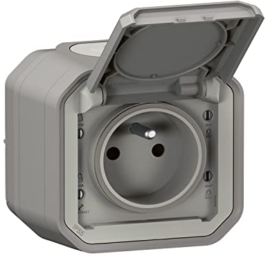 LEGRAND - Prise Etanche IP55 avec Terre Plexo - Prise 2P+T 16A Complète avec Volet - Pour Pose en Apparent - Gris
