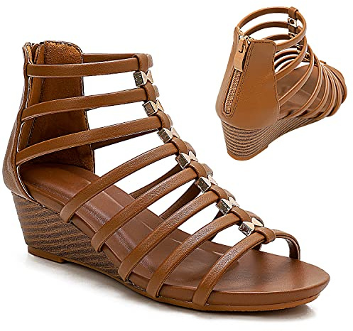 STMAHER Sandali da donna gladiatore argento con cinturino a cuneo casual estate scarpe da spiaggia, Earthen, 40.5 EU