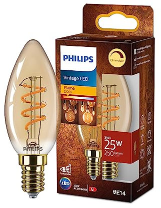 Philips Bombilla Philips LED Vintage Ámbar Tipo vela, Casquillo E14 3W, 250 Lúmens, Luz Efecto llama 2200k
