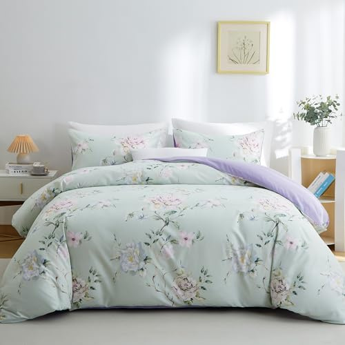 BOLINLIVING Bettbezug mit Blumenmuster, Queen-Size-Größe, 3-teilig, Blumen-Bettbezug mit 2 Kissenbezügen, weiches Blumen-Bettwäsche-Set, Salbeigrün und Lila, für alle Jahreszeiten, atmungsaktiv,