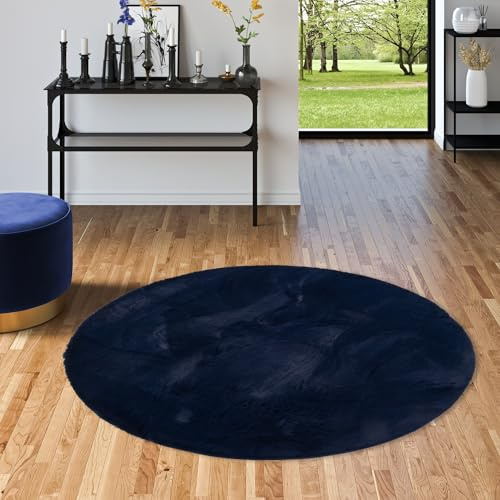 Pergamon Luxus Super Soft Kunst Fellteppich Plush Rund Dunkelblau | Super Flauschig | Wohnzimmer Schlafzimmer Kinderzimmer