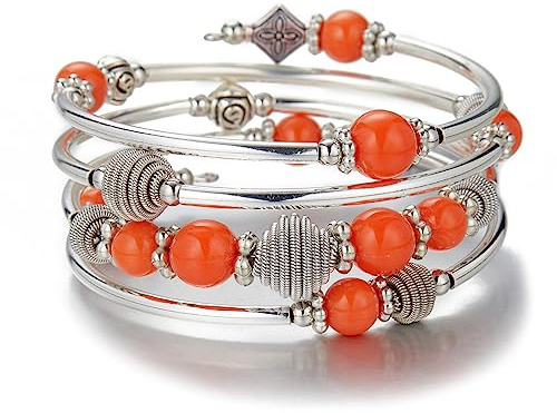 FULU AUTUMN Bracelet de Perles en Argent pour Femme-Bijoux Bohème Multicouches-Cadeau Fete Des Meres pour Maman(Orange)