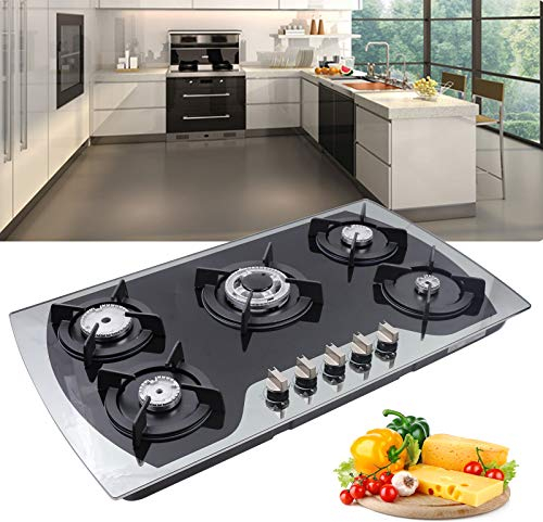 Cocina de gas de 5 fuegos, de cristal, con protección automática de termopares, empotrable, 5 zonas, de cristal, gas natural, gas propano, 90 cm