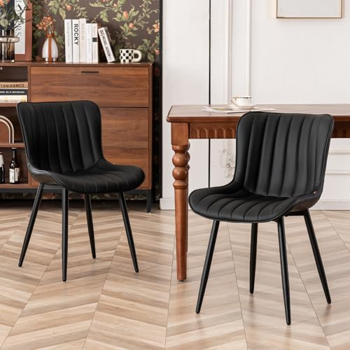 YOUTASTE Esszimmerstühle 2er Set, Küchenstühle mit PU Leder & Rückenlehne | Polsterstuhl mit Streifenmuster & Metallbeinen, Vintage Moderne, für Esszimmer, Küche, 150kg, Schwarz