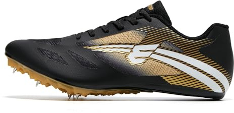 EPIMENO Leichtathletikschuhe für Herren, leicht, atmungsaktiv, Spikes für Multi-Events, Springschuhe, Schwarz/Gold/Weiß, 6 Women/4.5 Men