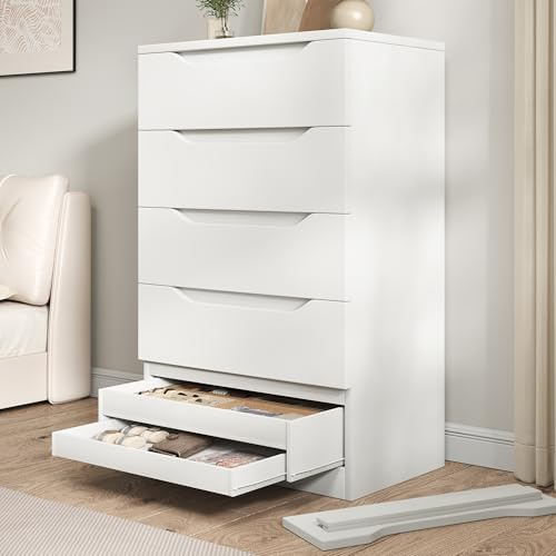 White Tall 5 Drawer Dresser for Bedroom with Hidden Storage Design, Large Modern Closet Dressers & Chests of Drawers with Cut-Out Handles, 27.6 L*15.8 W*45.3 H for Bedroom, Living Room, Nursery
