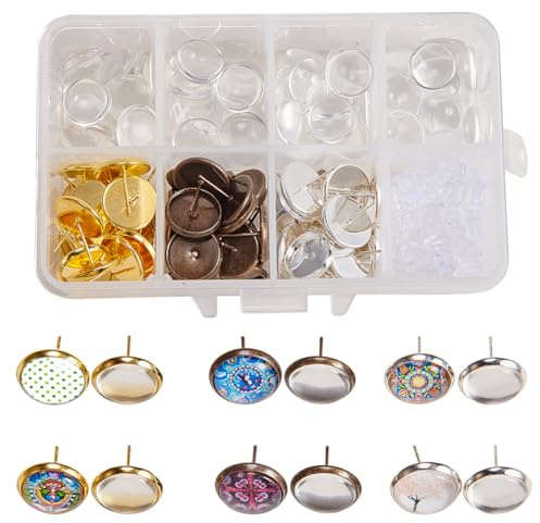 SUNNYCLUE 1 Box 120Stück 12mm DIY 30Paar Cabochon Anhänger Ohrstecker Bastelset Kit zur Schmuckherstellung Lünette Ohrring Einstellungen mit Klarglas Cabochons Ohrringhaken Frauen Erwachsene 3Farbe
