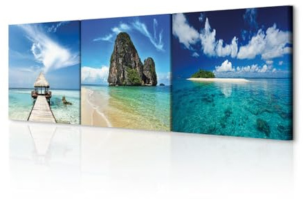 decomonkey Wandbilder Set Strand Meer 120x40 cm 3 Teilig Wandbild Groß Büro | Leinwandbild XXL, Deko, Wohnzimmer, Schlafzimmer, Wanddeko, Leinwand, Pictures For Wall, Poster, Painting, Insel, Landschaft