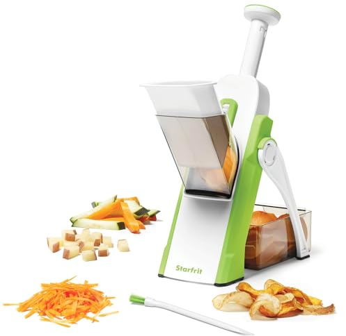 Starfrit Pump'n'Slice - Vertical Mandoline, Food Chopper, Slicer - Precision Adjustable Slicing, Julienne, Dicing - Safe Enclosed Blades, Fold for Storage - High Efficiency Spring Pump - Cleaning Tool