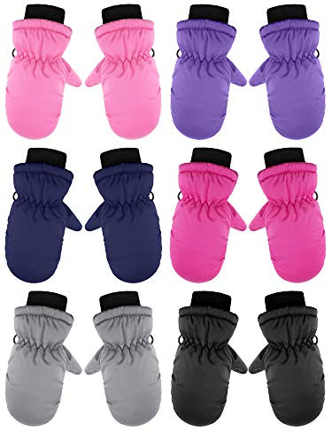 Hicarer 6 Pairs Winter Snow Gloves for Kids Waterproof Toddler Mittens Snow Ski Gloves for Baby Toddler Child Cold Weather(5-8 Years,Solid Colors)