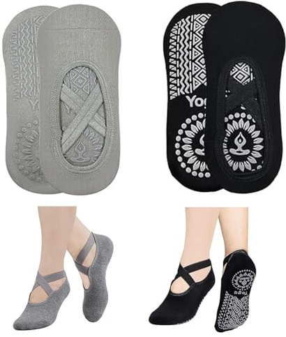 MaoXinTek Calcetines Yoga para Mujer 2 Pair Antideslizantes Algodón Pilates Calcetines con Correas para Danza Ballet Fitness Negro+Gris