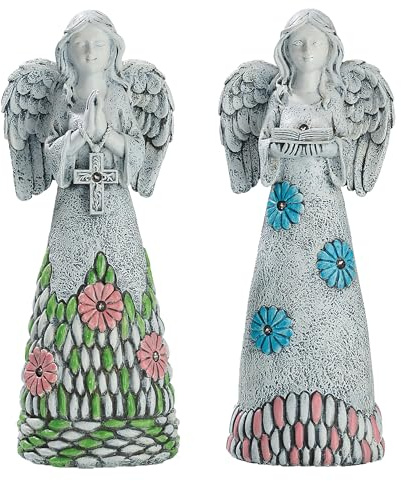 TERESA'S COLLECTIONS Angel Garden Statues with Solar Outdoor Light for Garden Decor, 2 Pack Resin Angel Grave Cemetery Decorations for Outdoor Decor, Memorial Angel Yard Decor Gifts for Mom, 11”
