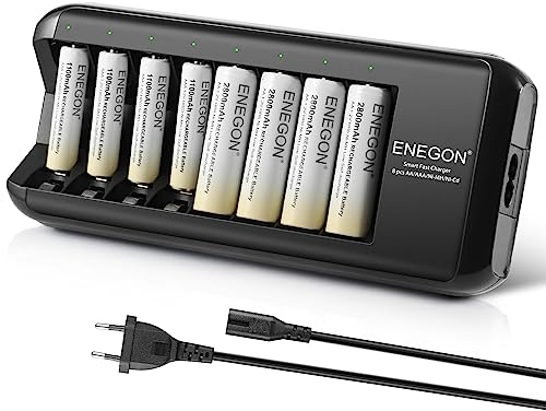 ENEGON Cargador de Pilas(8 Ranuras) con 4 Pilas Recargables AAA de 1100mAh y 4 Pilas Recargables AA de 2800mAh, Cargador de Pilas Recargables AA y AAA