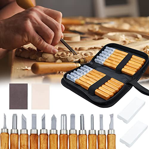 Holzschnitzwerkzeug Set,Holz-Schnitzwerkzeug Set,Schnitzwerkzeug-Set,Holz Schnitzmesser mit 12*Schnitzmesser + 2*Schleifsteine +Tasche und 2*Sandpapier für Holz, Obst, Gemüse, Carving DIY, Skulptur