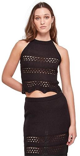 Urban Classics Ladies Short Crochet Knit Neckholder Top, Caraco Femme, Black,