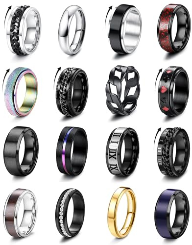 Besteel 16Pcs Stainless Steel Fidget Rings for Men Women Non Tarnish - Anxiety Relief Smooth Black Spinner Ring Set Mens Wedding Band Daily Engagement Promise Rings Jewelry Gift Comfort Fit Size 7