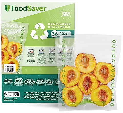 FoodSaver Vacuum Sealer Bags | Recyclable & Reusable Food Bags | Keeps Food Fresh up to 5x Longer | BPA-Free | 36 x Pre-Cut Freezer & Simmer-Safe Vacuum Bags (20 cm x 25 cm; 0.94 L)