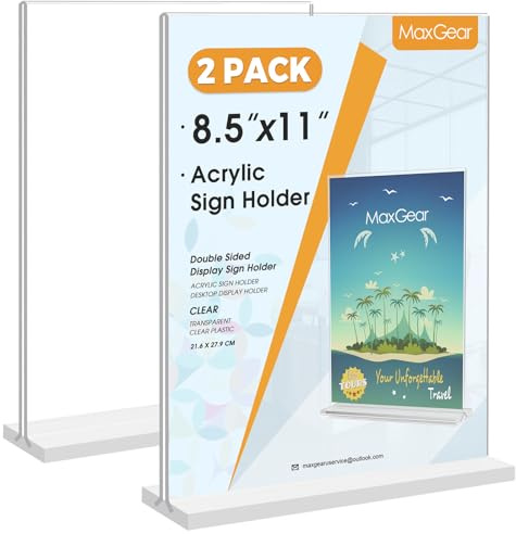 MaxGear Acrylic Sign Holder 8.5x11 Inches 2 Pack, Double Sided Clear Display Stand Table Top Paper Holder, Vertical Menu Flyer Stand, Plastic Frame for Stores, Restaurants, Hotels, Office