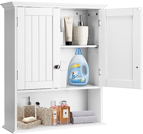 LIFEZEAL Mobiletto Pensile Salvaspazio per Bagno, 60 x 19 x 71cm, Pensili Cucina con 2 Ante e Ripiani Regolabili, Armadio Sospeso per Medicinali Multiuso in Legno (bianco)