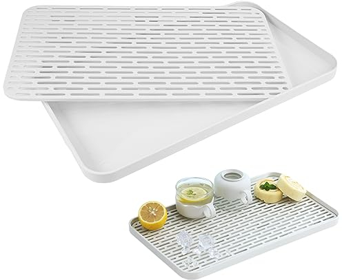 Scolapiattiscolapiatto piccolo, multifunzione, 31 x 17,5 x 2,2 cm, con vassoio di raccolta, a doppio strato, per organizzare stoviglie e pulizia servizio da tè, bianco