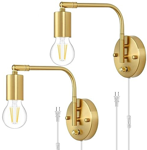 EOEO E27 Wandlampe Dimmbar mit Schalter und Stecker, Verstellbare Gold Metall Wandleuchte Bettlampe Wand-Leselampe mit Kabel, Innen Retro Industrial Lampe für Wohnzimmer, Schlafzimmer, Büro,2pack