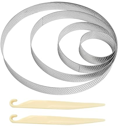 MEMOFYND 4 cerchi per torta in acciaio inossidabile con 2 spatole in plastica, stampi per torta perforati, cerchi da pasticceria, stampi per cialde in acciaio inossidabile per la cucina