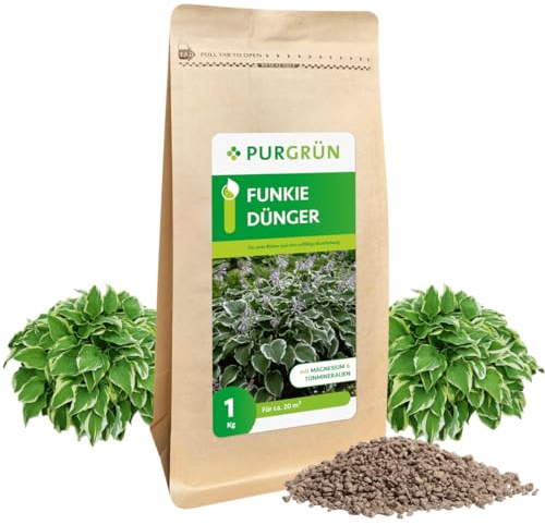 Purgrün® Funkie-Dünger 1 kg – Organische Rezeptur – Feinkörniges Krümelgranulat – NPK 6+2+7 – Extra Magnesium für zarte Blüten – Verbessert die Bodenqualität – Vegan - Für ca. 20 Funkien
