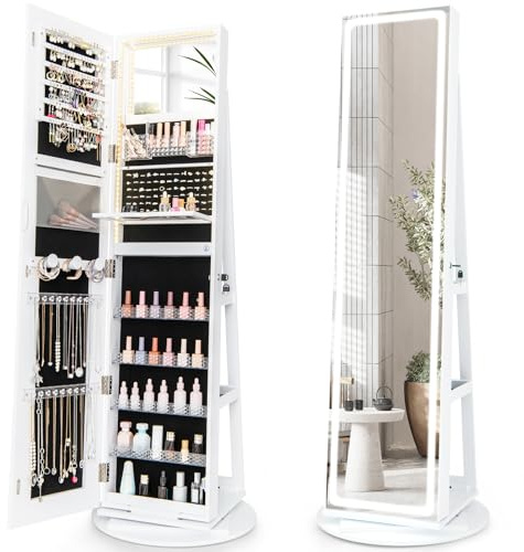 COSTWAY 360° Swivel Jewellery Cabinet with 3-Color LED Full Length Mirror, Lighted Makeup Mirror and Large Storage, Lockable Jewelry Armoire, Freestanding Jewellery Organiser Unit Gift (White)