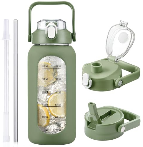 HYDRAGLAZIC 2L Glass Water Bottle with 2 Lids Flip and Chug Lids 2 Liter Large Water Jug with Time Marker and Silicone Sleeve BPA Free Leak-proof for Sports Gym, Oliver