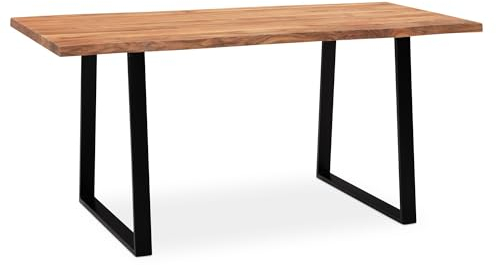 Wohnling Escritorio 200 x 100 x 76 cm madera maciza de acacia / metal con borde de árbol, mesa de oficina en casa, mesa de oficina maciza con patas trapezoidales en negro, mesa de madera para