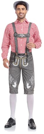 Lederhose Herren Tracht Traditionelle Trachtenhose Kurz Trachten Leder Hose Veloursleder Trachtenlederhose Grau Trachtenhemd Langarm in 4 Farbvarianten mit Hosenträger Hut für Oktoberfest M-XXL
