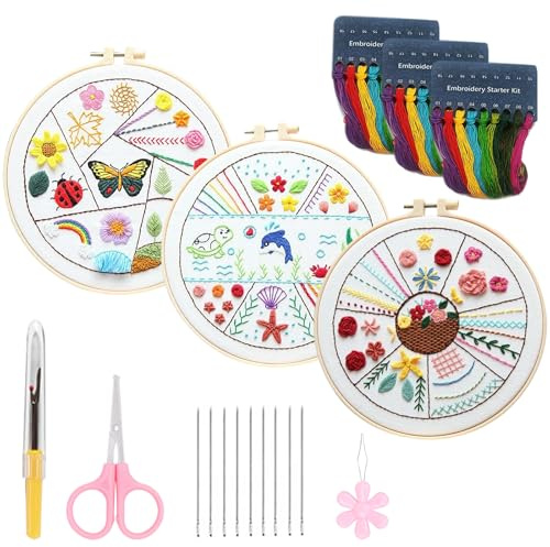 Mecmbj Sticken Set Erwachsene, 3 Stück Stickset für Anfänger, Embroidery Kit mit Tier- und Blumenmuster, Handstickset mit Anleitung und Werkzeug, für DIY Kunst, Handwerk, Nähen
