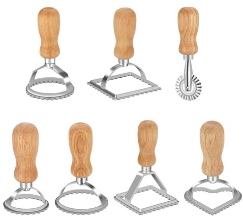 Foyucool Juego de 7 Cortadores De Raviolis, Raviolis Molde Cortador, Cortador de Ravioli Cuadrado/Redondo/Corazón, con Mango de Madera y Borde Acanalado, para Ravioli, Pasta, Lasaña, Pierogi