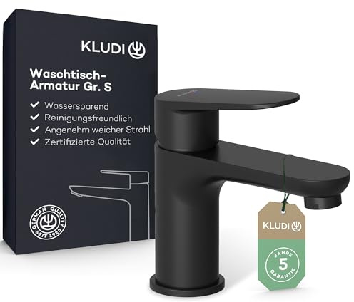 KLUDI-X1 Wasserhahn Bad, Auslaufhöhe 75 mm, wassersparende Waschtischarmatur Bad Schwarz Matt Größe S, Keramikkartusche, Mischbatterie Waschbecken inkl. Anschlussschläuche