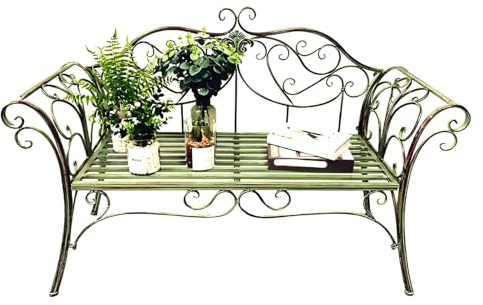 Generisch Gartenbank im Landhausstil, Parkbank mit Rückenlehne und Armlehnen mit Blumenmuster, Sitzbank aus Eisen für Veranda, Rasen, Wintergarten, 123×49×90cm, Grün