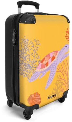 NoBoringSuitcases© Handgepäckskoffer Kinder Reisekoffer Kinderkoffer 4 | 55x35x20 cm - Rollen Leicht Koffer Cabin Trolley Hartschalenkoffer Kind Tier - Schildkröte - Gelb