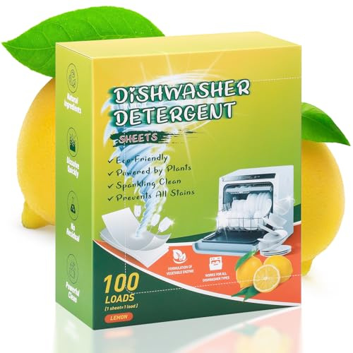 Dishwasher Tablets Pack of 100 – Biodegradable & Plastic-Free Dishwasher Sheets, Eco Friendly Zero Waste Pods, Compostable Detergent with Natural Lemon Fragrance