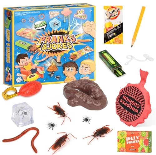 Caja de kit de bromas de 14 piezas, paquete de juguetes de broma, accesorios portátiles realistas, rellenos de bolsas de fiesta, kit de broma para niños y adultos, ambiente de fiesta para juegos