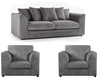 Grey 3 Seaters Sofa - Jumbo Cord Settee - Comfy Scatter Back Sofas - Elegant Three Seater & Arm Chair - Corner Small Settees for Indoors (3+1+1 Seater)