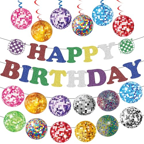 Discokugel Deko Mini Disco Ball - 10 Stück Discokugeln Dekoration mit Happy Birthday Girlande Bunte Luftschlangen und Hängende Wirbel für Geburtstag Karneval 70er 80er 90er Jahre Discos Partydeko