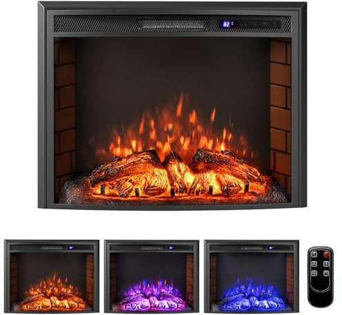 GOPLUS Chimenea Eléctrica Insertada con Pantalla Curva, Calefactor de Chimenea Empotrado de 750W/1500W con Llama Regulable de 3 Colores, Temporizador, Termostato Ajustable y Control Remoto