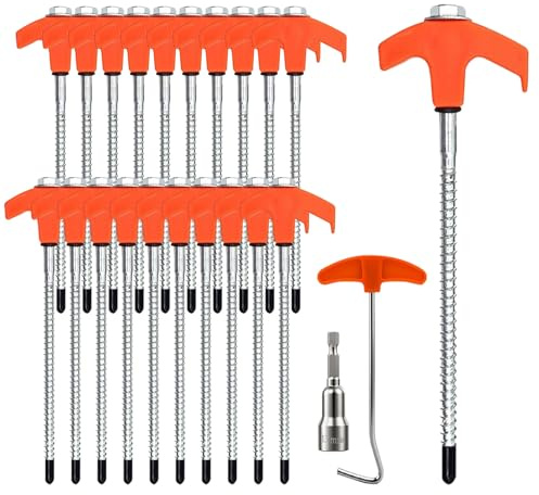 Picchetti per Tenda, 20 Pezzi Picchetto a Vite da Campeggios, 20,5 cm Picchetti in Acciaio con Estrattore per Chiodi e Manicotto, per Tenda da Campeggio, Teloni, Giardino(Arancione)