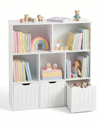 Amveya Libreria per Bambini con 5 Compartimenti, Scaffale Portagiochi con 3 Cassetti, Mobile Porta Giochi, Contenitori Giochi, Libreria Montessoriana, Bianco 100x33x89.5cm