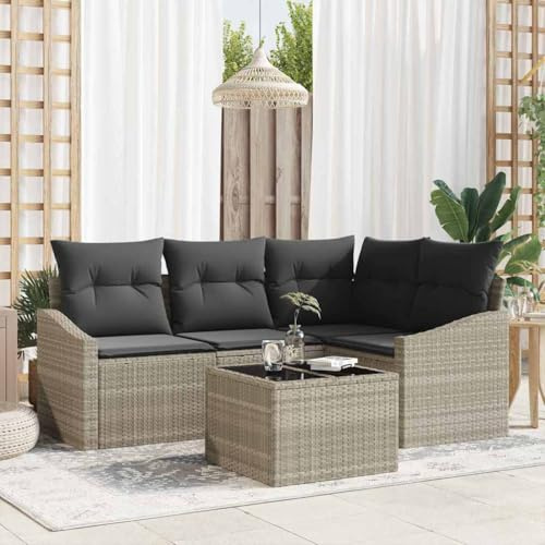 QUAHEAS Poly-Rattan Sofa Set 5-teilig, Hellgrau, modular, wetterfest, mit Kissen, höhenverstellbarem Tisch, für Garten & Terrasse